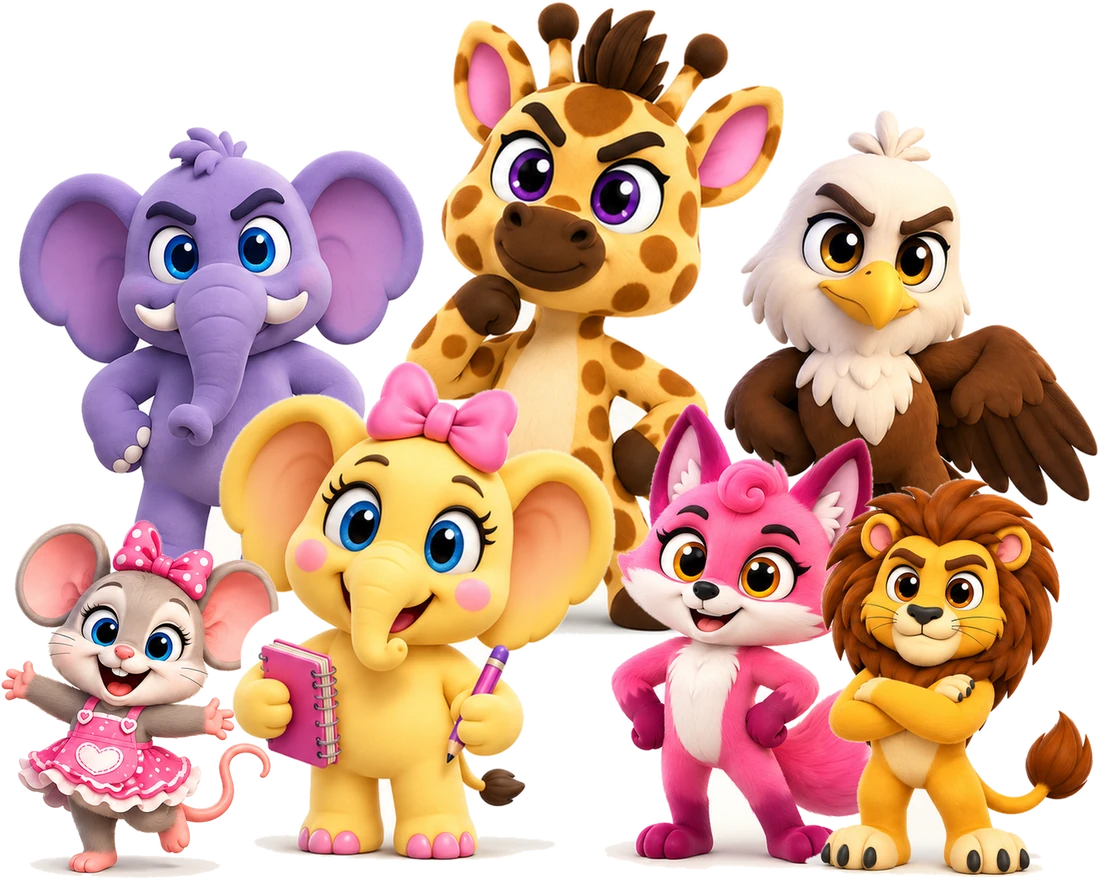 Max Elephant, Gavin Giraffe, Hawk the Hawk, Mishy the Mouse, Ellie Elephant, Fifi Fox and Leo Lion